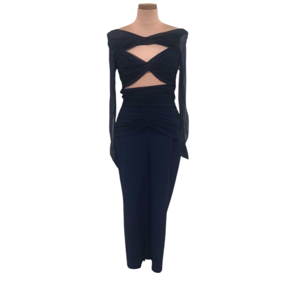 NWT Chiara Boni Leitha Illusion Midi Dress Size 4 Navy Blue Cutout Mesh Sheath
